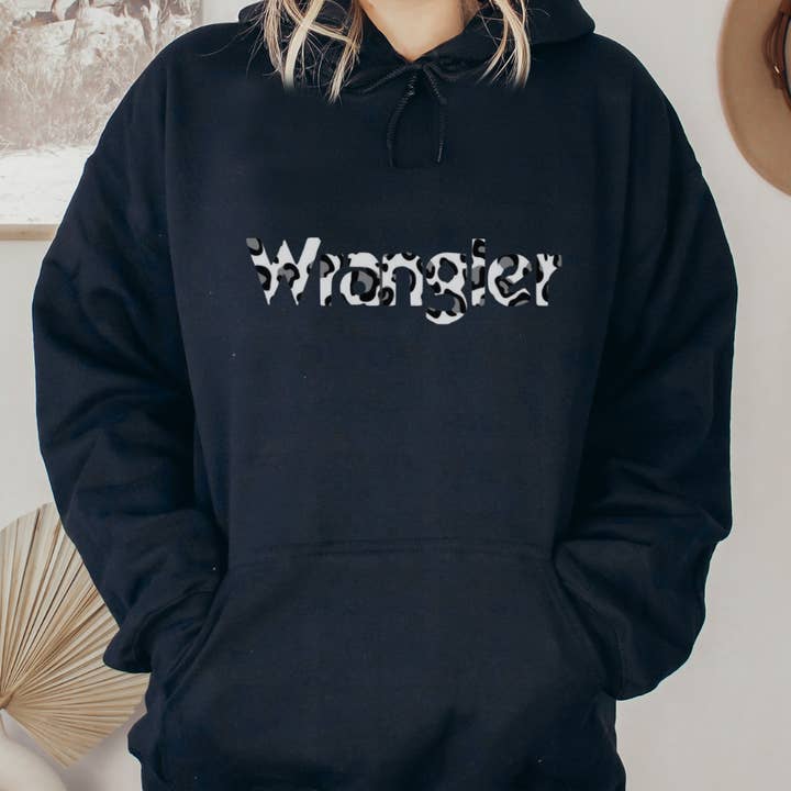 Leopard Lettering Wrangler Hoodie- Black for wholesale by The Hive Boutique Wholesale
