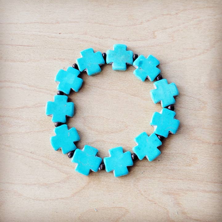 The Jewelry Junkie - Wholesale Beaded Bracelet - Turquoise Cross Beaded Stretch Bracelet 811a