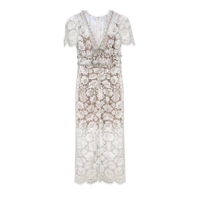 off white DR571Y Elegant Summer Lace Dress with Bowknot and Slim Fit  for wholesale on Faire3