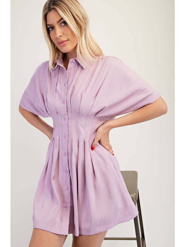 Glam - Wholesale Dress - Women's - Collar Neck Waist Pleated Mini Dress
