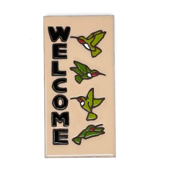 Welcome End Cap Tile with Hummingbirds - Sand, Turquoise or Brown (1015) for wholesale by Earthtones Tile