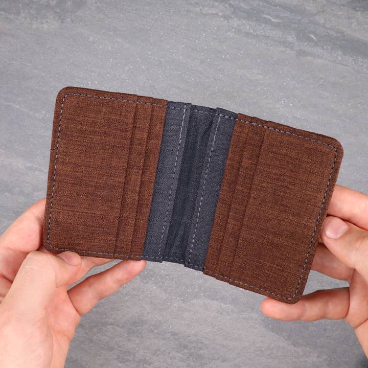 Brown and Gray Canvas Vertical Bifold Card & Cash Wallet for wholesale by HOLD SUPPLY