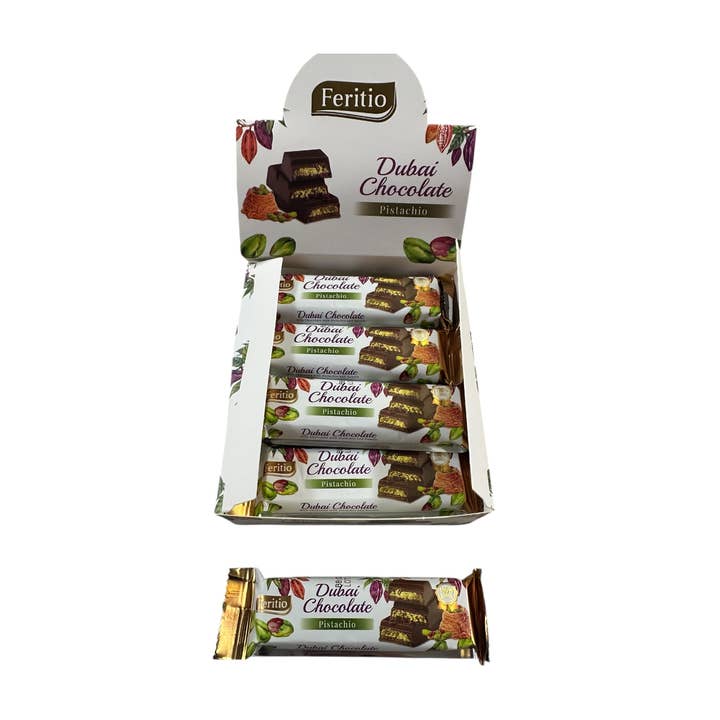 Feritio Dubai Chocolade Pistache Reep 40g voor wholesale door Fizz and Sweets Wholesale