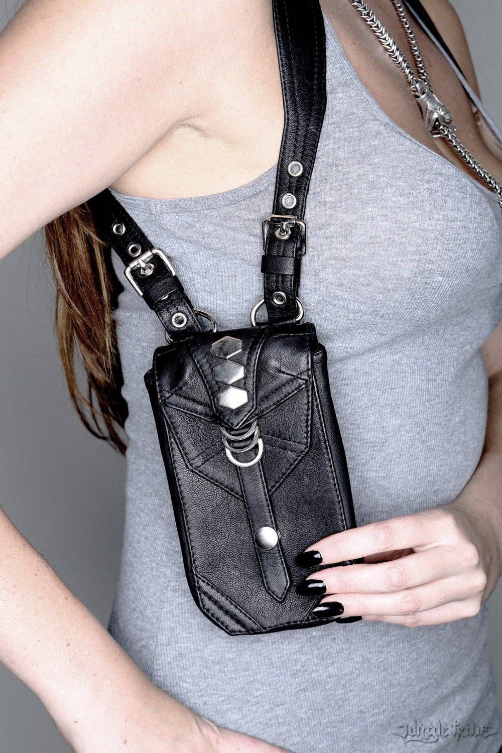 JUNGLE TRIBE – wholesale Phone wallet – men's – CHROME BLACK Leather Biker Holster Bag and Phone Case7