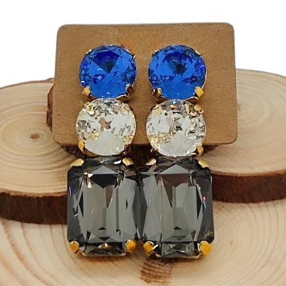 Earrings Double Combo - Sapphire/Crystal/Grafite para venta al por mayor de QUÉ MÁS JEWELS