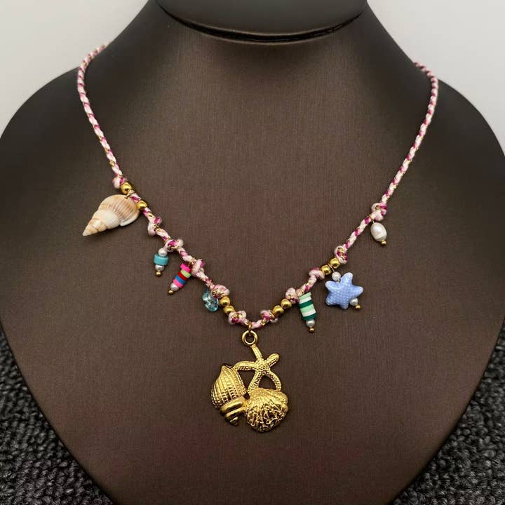 18K Golden SS Starfish Charm Colored Rope Necklace - FGS for wholesale by Mio Queena