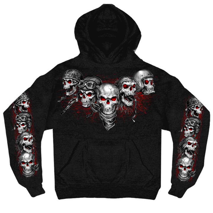BLACK Hot Leathers Red 5 Skulls Pullover Hooded Sweat GMS4539 for wholesale on Faire