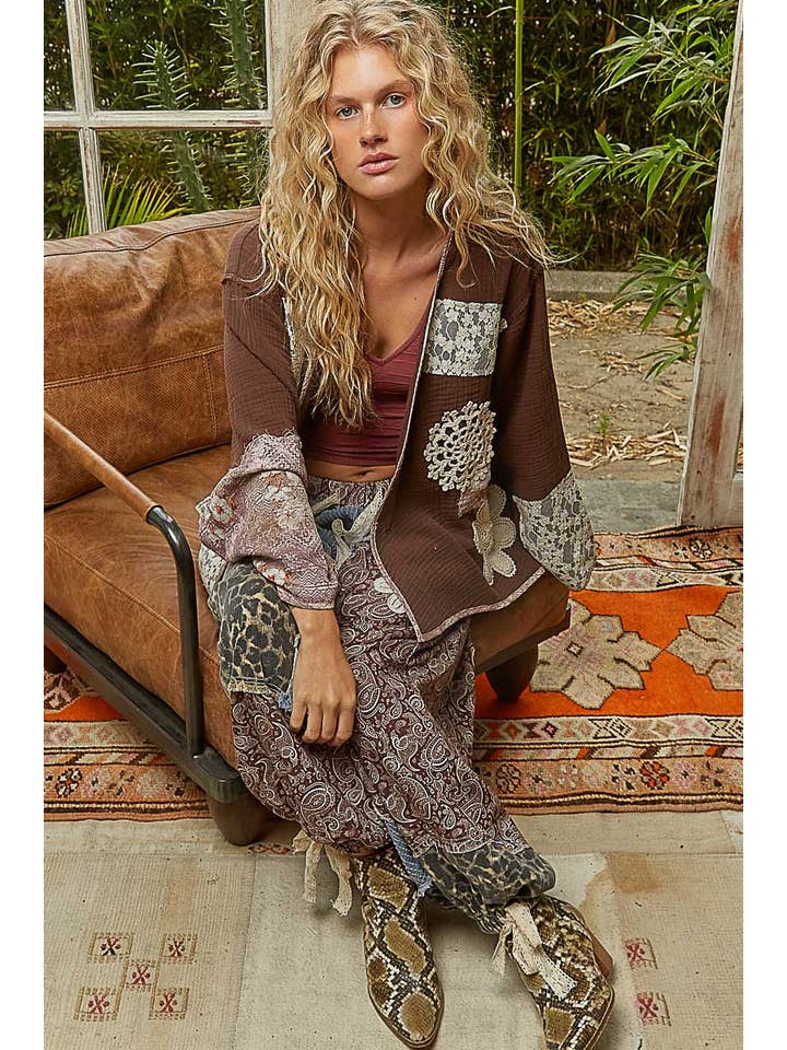 Pol Clothing - Wholesale Cardigan - Women's - Long sleeve double gauze crochet patch cardigan woven top12