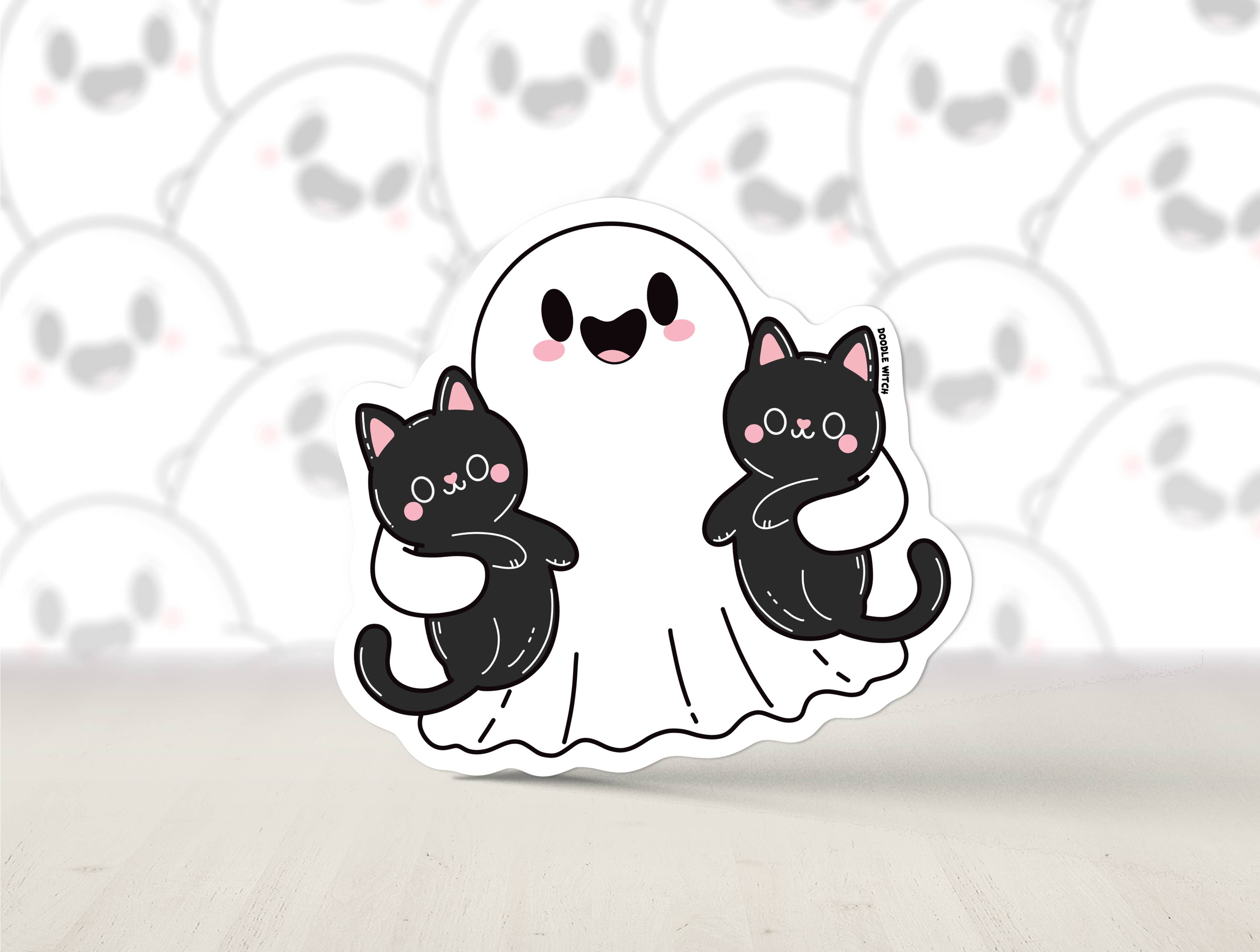 DoodleWitch - Wholesale Phone & laptop stickers - Ghost with Cats Sticker
