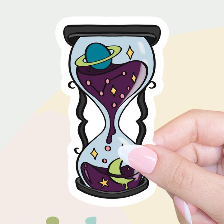 Cosmic Hourglass Vinyl Sticker | Mystical and Witchy Decor for wholesale by The Okayish Design Co.