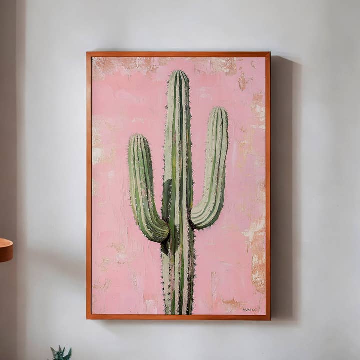 Saguaro Cactus Oil Painting Print Pink Background for wholesale by Tejas Country Club