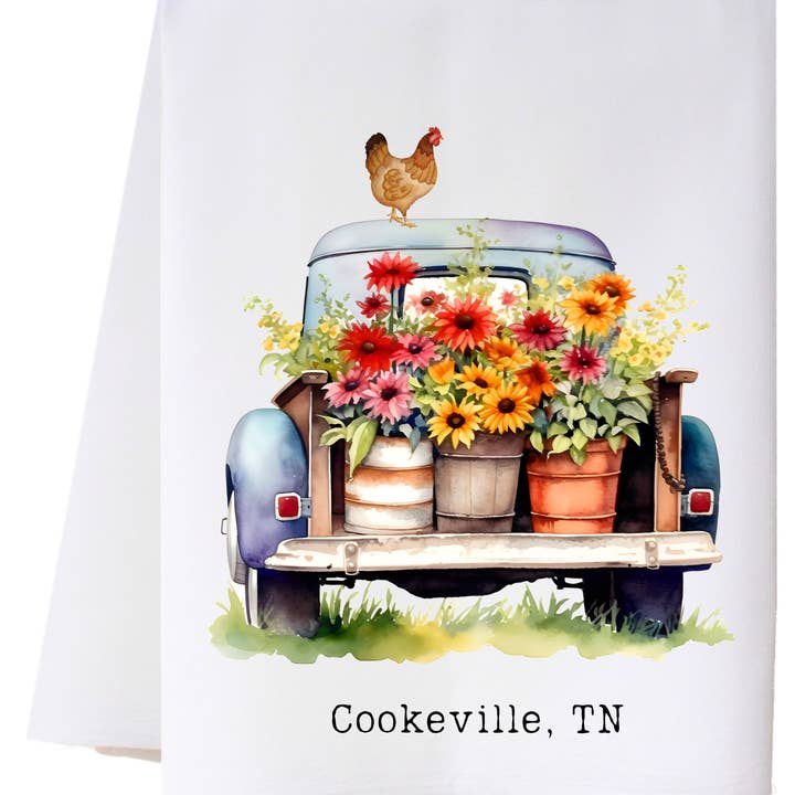 Torchon de cuisine Camion bleu et fleurs pour la vente par Cora & Pate