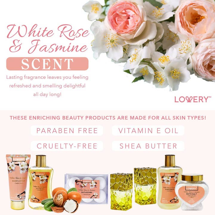 Lovery - Vente Set de bain et corps - Panier cadeau pour le bain et le corps - Rose blanche - Parfum 13 pièces4