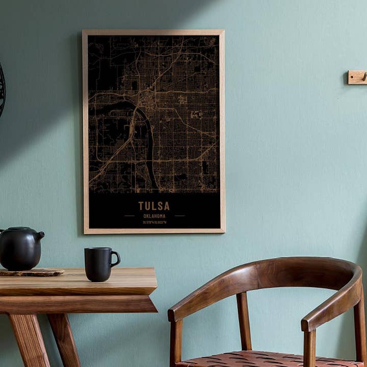 Carte de Tulsa, Oklahoma, gravure sur bois. Carte laser 3D pour la vente par Kustwood