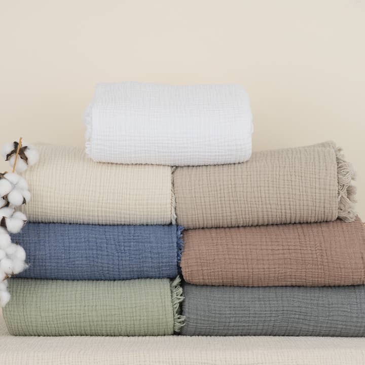 Naturloom - Vente Plaids - Plaid en mousseline de coton biologique certifié GOTS, tissu en gaze, couette en coton biologique, couvre-lit king size en mousseline, couverture bohème, couleur Vizon
