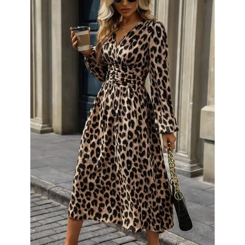 ElevateWell - Wholesale Dress - Women's - Women's long sleeve maxi dress with leopard print and V-neck0