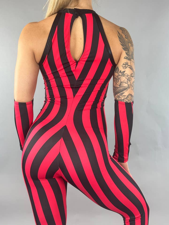 Red and Black Stripes Catsuit, Sleeveless Jumpsuit, Halterneck Full Bodysuit with Hand Accessories for wholesale by Kikimora Fashion