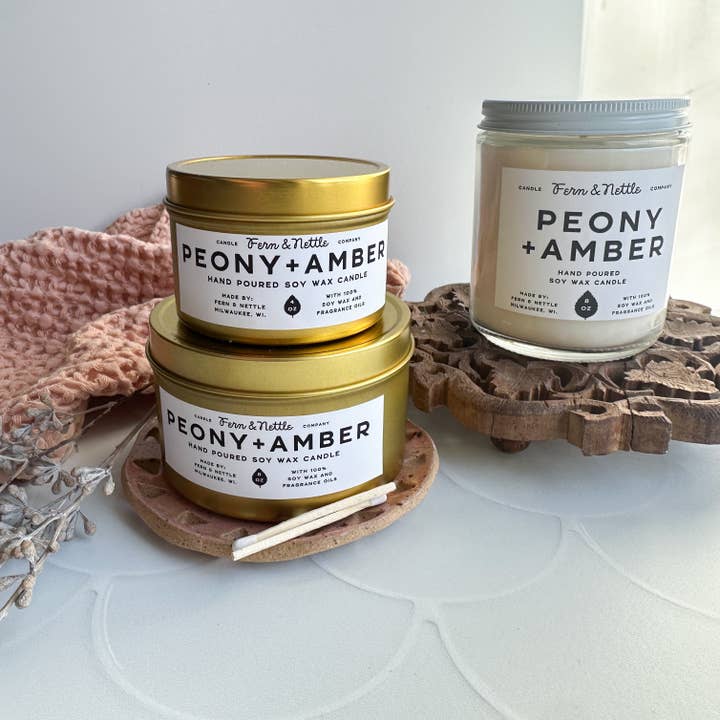 Peony+Amber Soy Wax Candle for wholesale by Fern and Nettle