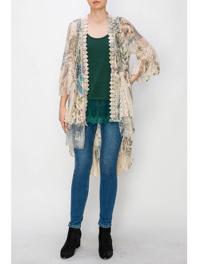 BOHEMIAN ALL LACE HI LOW CARDIGAN-4508 BG/FEA FL for wholesale on Faire
