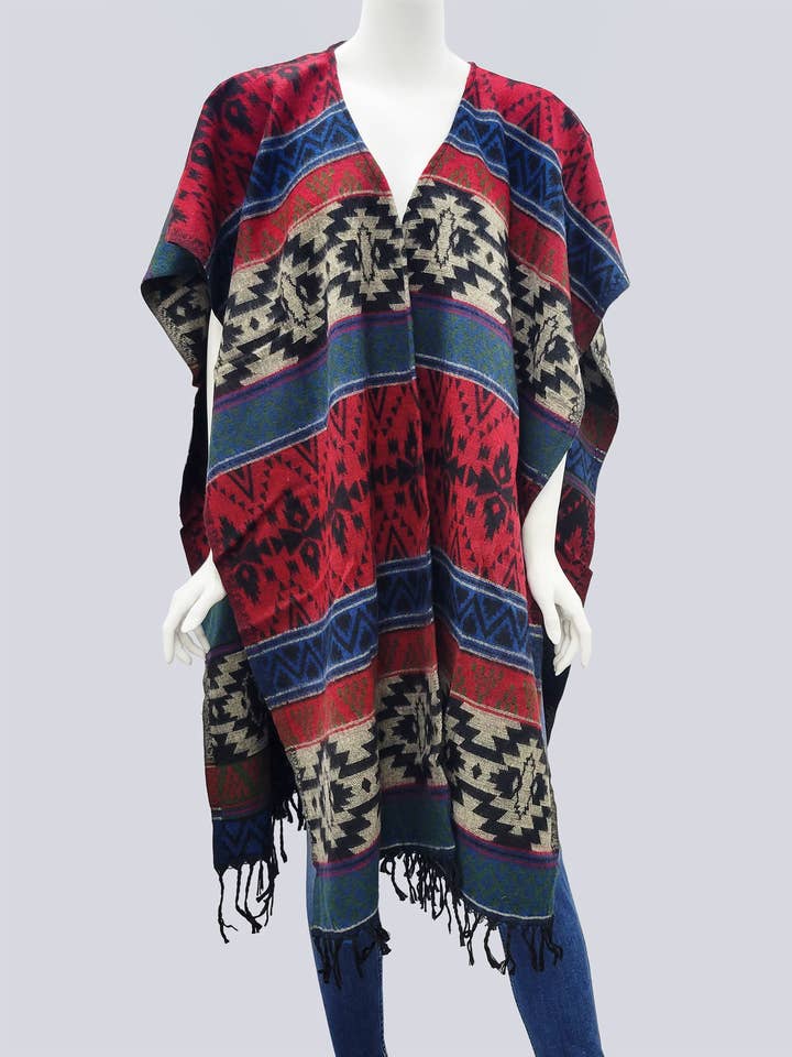 Nancy Aztec Print Poncho Ruana Burgundy/Teal/Multi for wholesale by Raj Trading & Imports (USA) Inc.