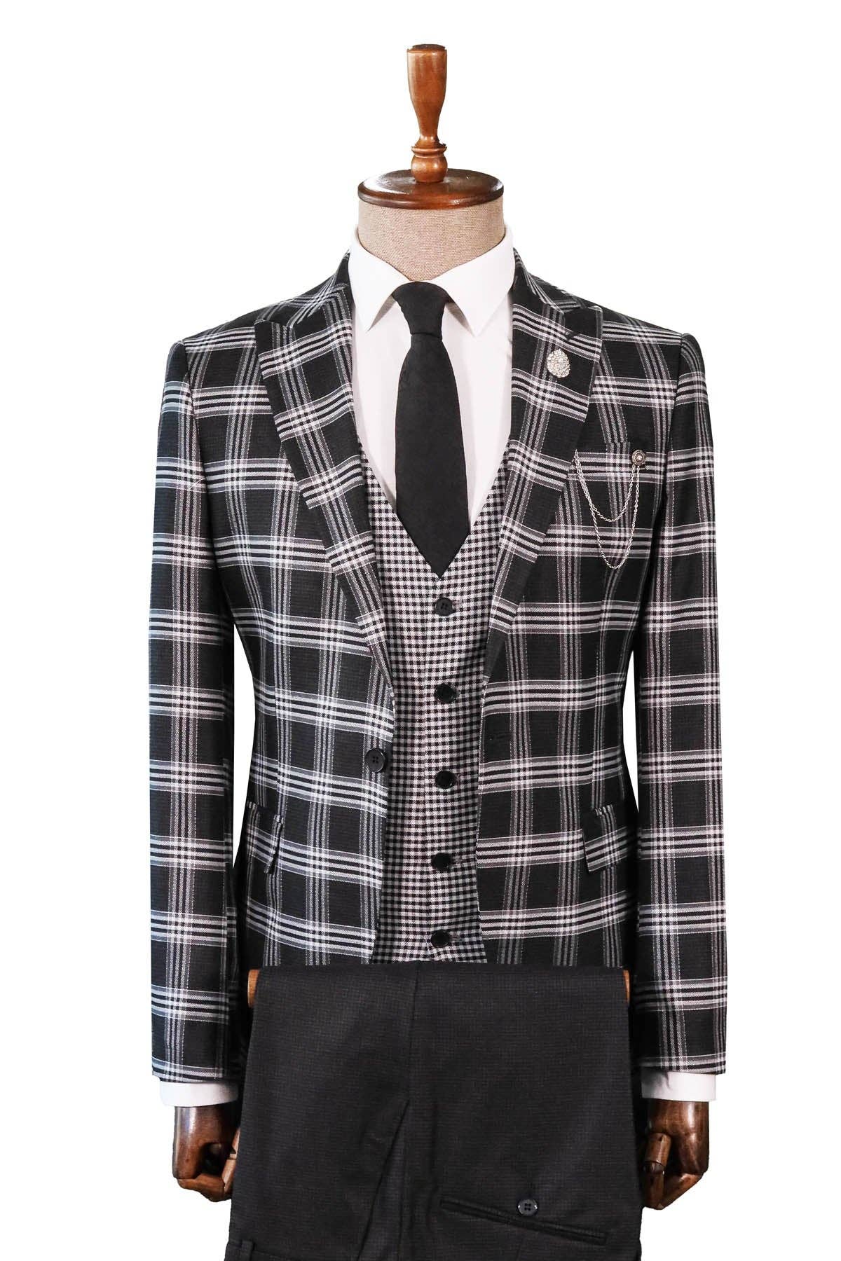 Black Plaid Patterned Vest Suit, White Shirt, and Black Tie Combination - Prestigious Business Style - Wessi for wholesale on Faire