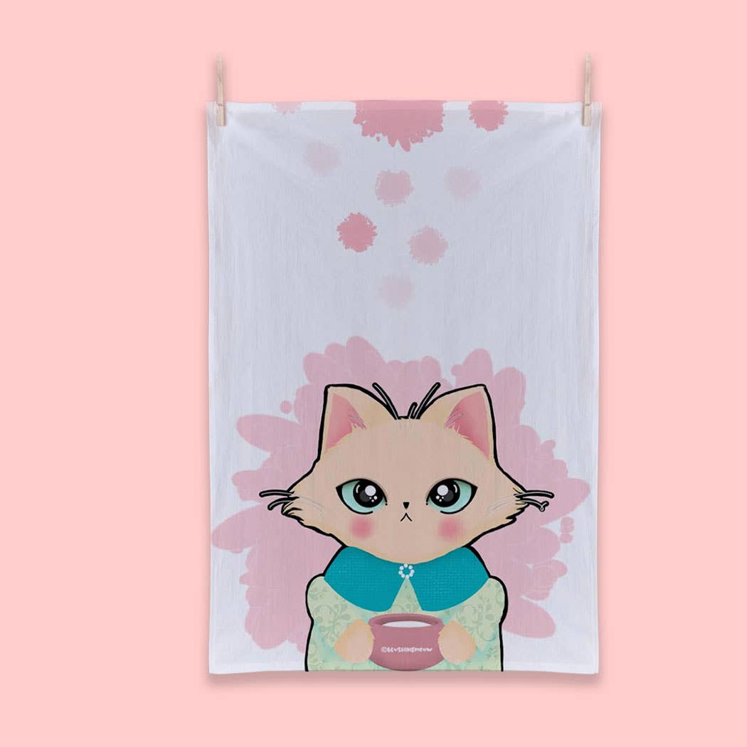 Blushing Meow - Wholesale Tea Towel - Floursack Tea Towel - Cream Cat with Milk2