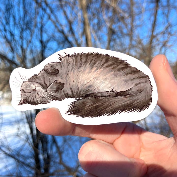 Tabby Cat with Long Hair, Premium Vinyl Sticker for wholesale by Art Fimbel