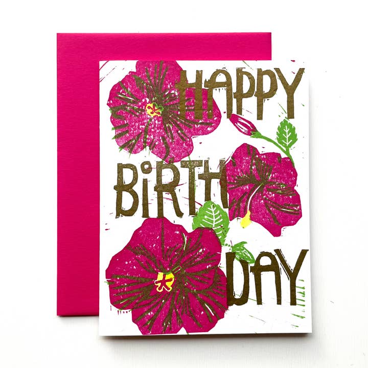 Carte typographique d'anniversaire Hibiscus pour la vente par Loaded Hips Press