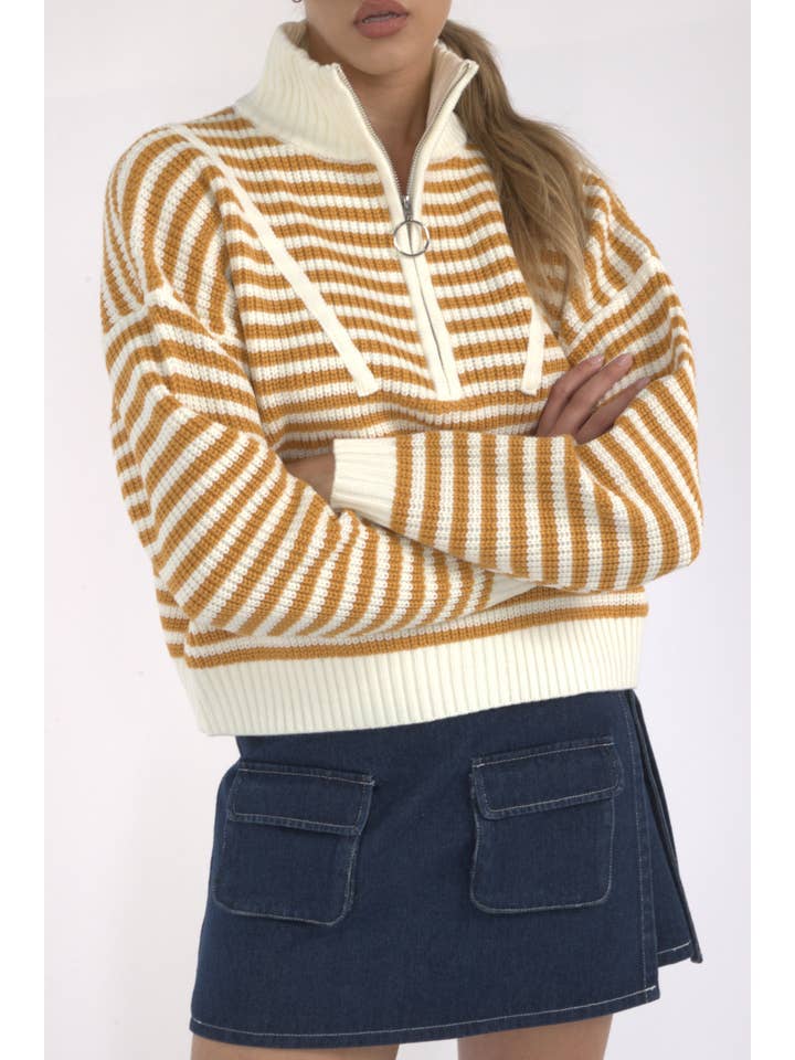 Creamon - Wholesale Knit Sweater - Women's - Preppy Californian Half-zip Striped Sweater-GREEN13