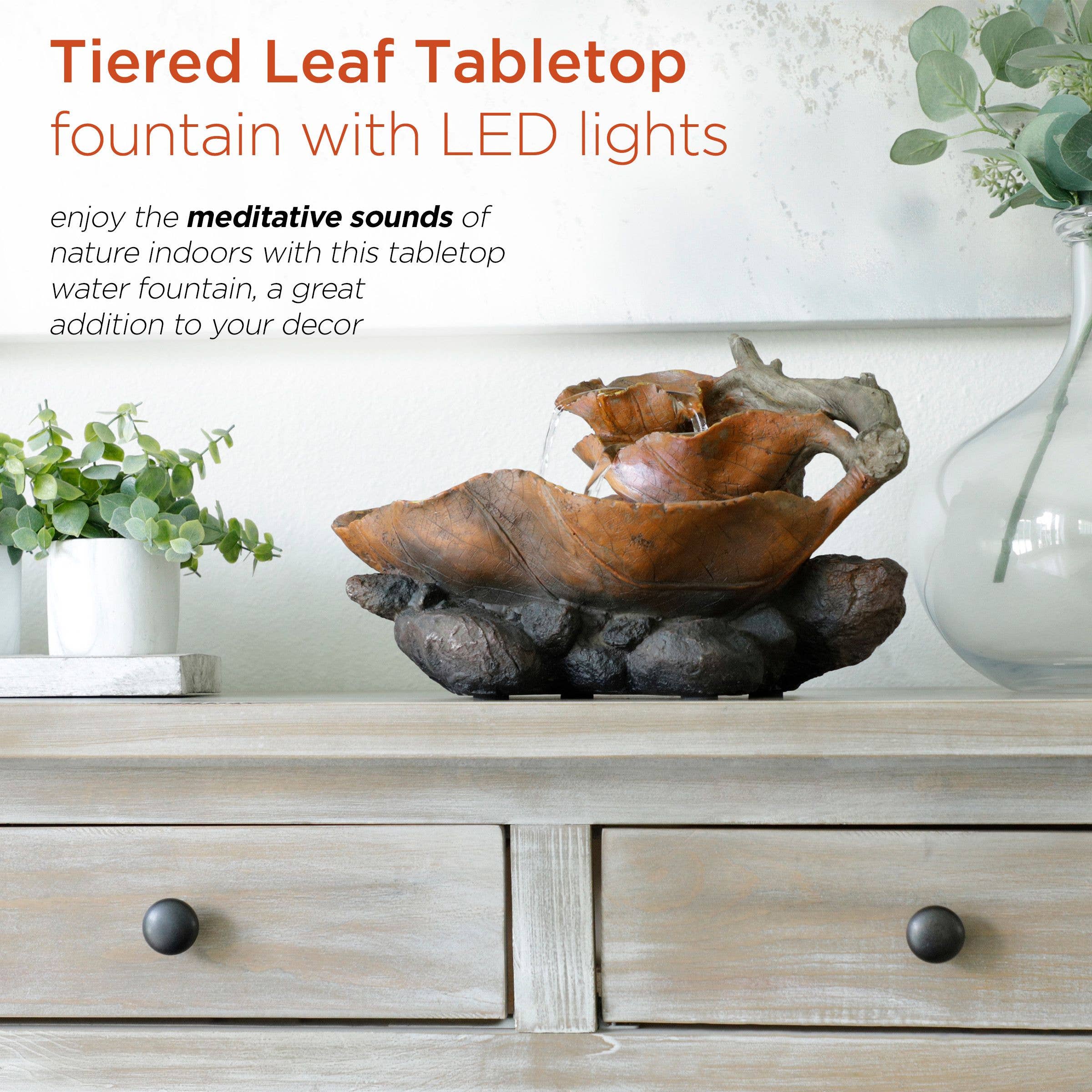 Alpine Corporation - Wholesale Decorative Tabletop Object - Alpine Corporation Tiered Leaf Tabletop Fountain w/White LED2