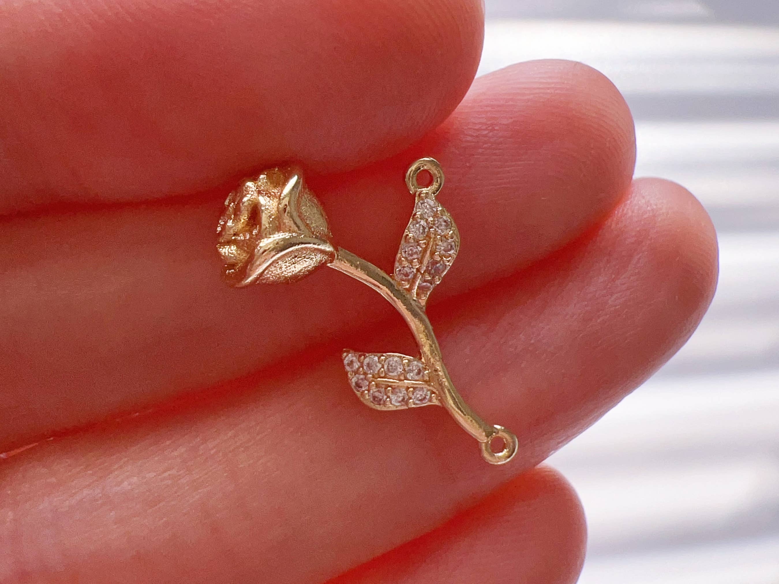 PISTEP - Wholesale Individual Charm/Pendant - 14K Gold Plated CZ Clear Stone Rose Charm, Rose Connector2
