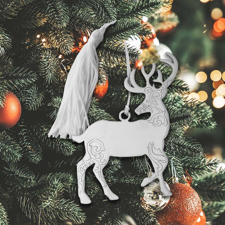 Scroll Reindeer Ornament with White Tassel for wholesale by Creative Gifts International Inc.