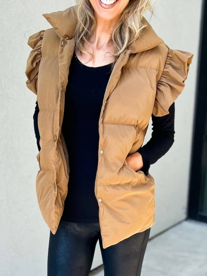 Rosa Clothing - Wholesale Outerwear Vest - Women's - Double Slip Pockets And Ruffled Sleeve Vest5