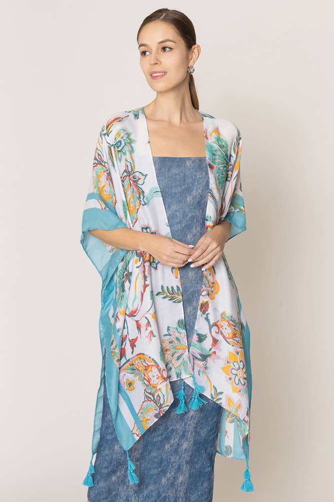Hana - Wholesale Kimono - Women's - Floral Print Stripe Edge Tassel Summer Kimono6