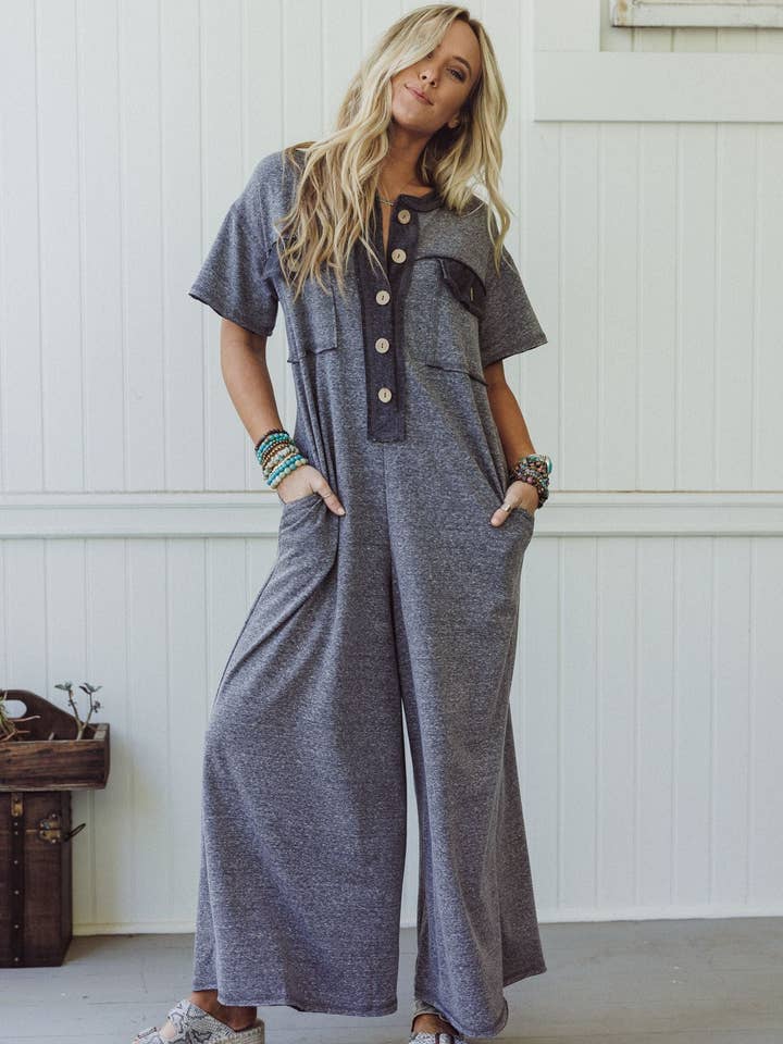 Black Jodi Short Sleeve Jumpsuit - Charcoal for wholesale on Faire3