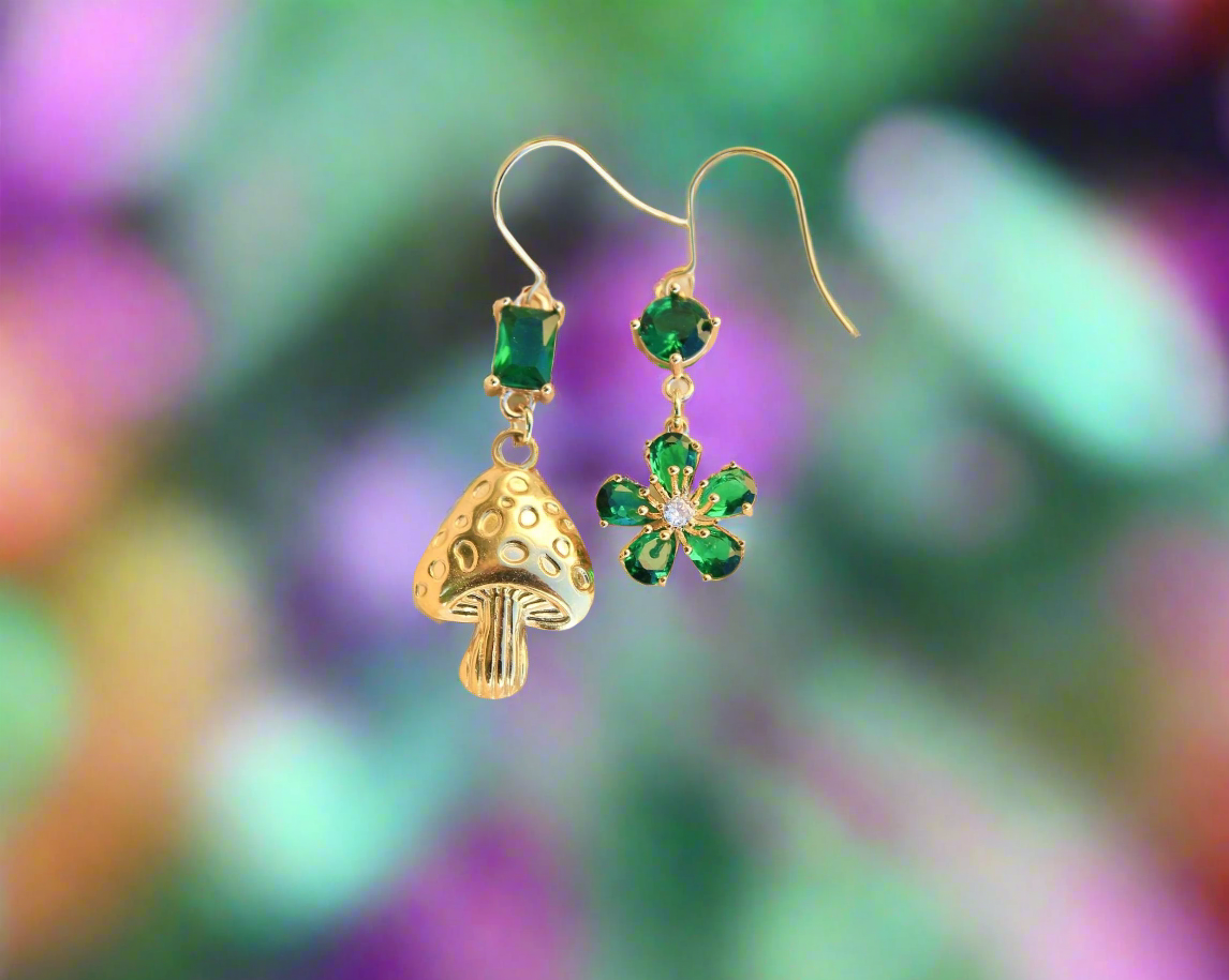 Bo and Ho - Wholesale Dangle earrings - Emerald Green Gold Mushroom and Flower Earrings4