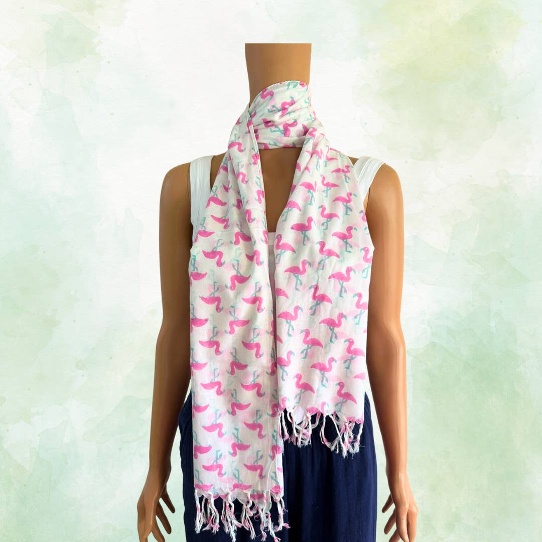 The Indian Bazaar - Wholesale Scarf - Women's - Stole Scarf Pink Flamingo Animal Hand Block Printed