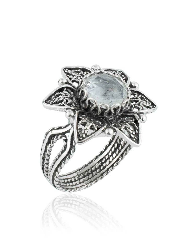 Art Black Rutile Gemstone Women Daisy Silver Ring for wholesale by Filigranist Jewelry