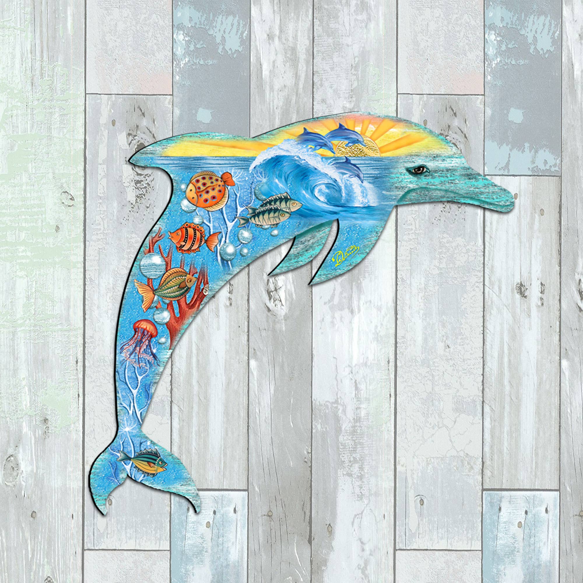 Designocracy - Wholesale Door Hanger - Sea Creatures Dolphin Wooden Door Hanger DeBrekht Coastal3