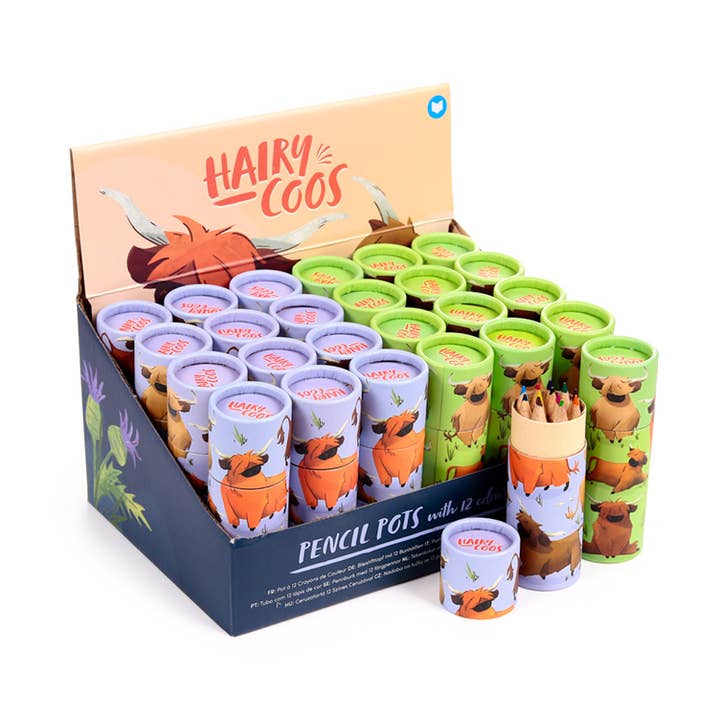Hairy Coos Highland Coo Pencil Pot with 12 Colouring Pencils for wholesale by Puckator Ltd