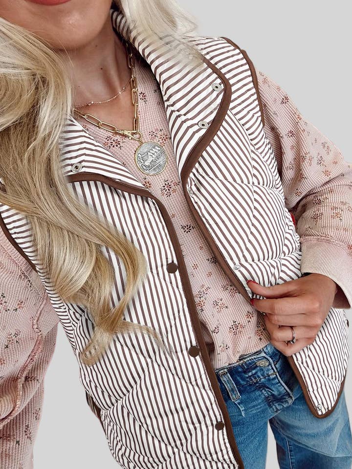 Stripe Contrast Trim Snap Button Collared Winter Vest for wholesale by PartyEight