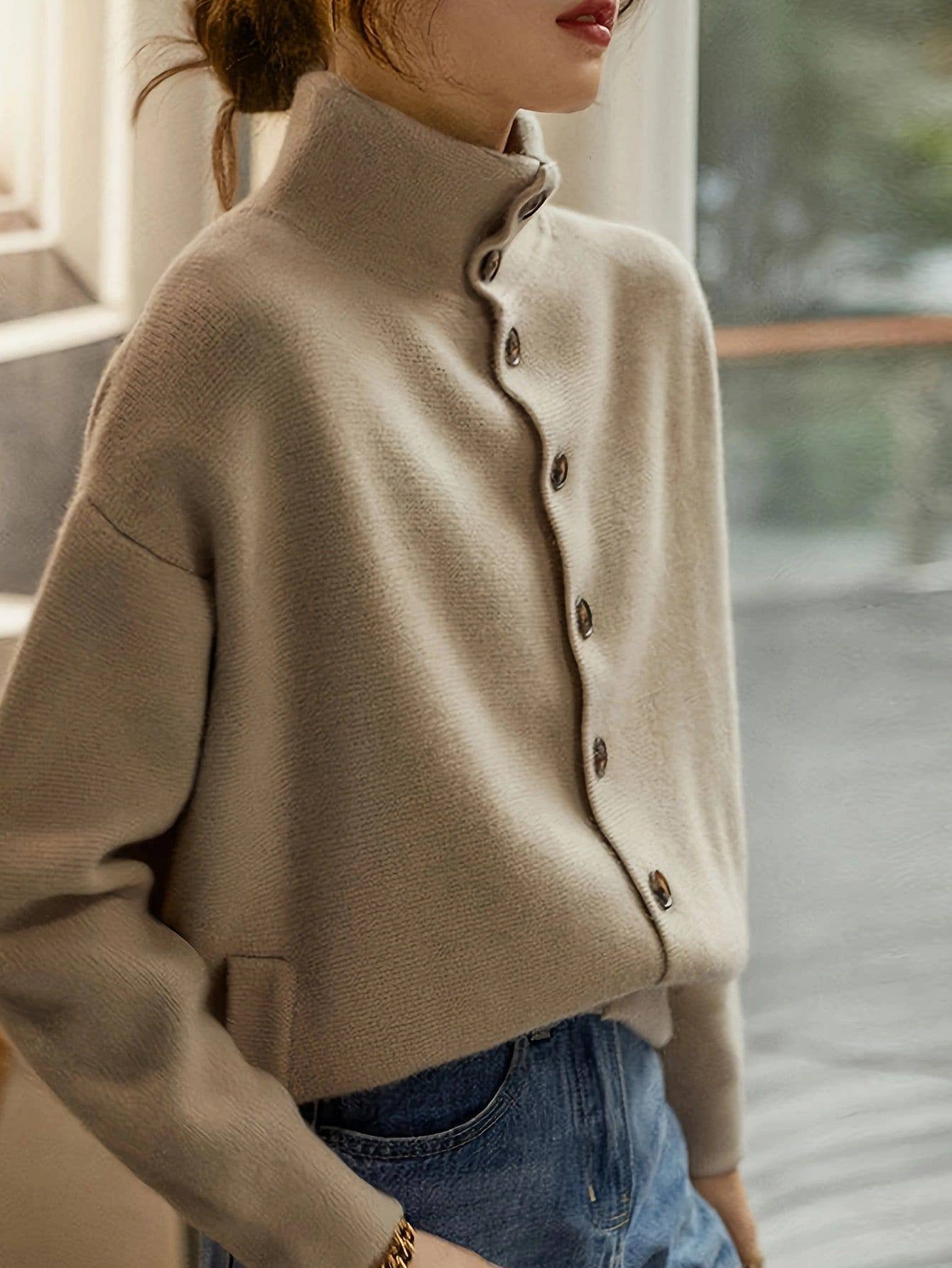 Khaki Effortless chic high neck cardigan with pocket for wholesale on Faire0