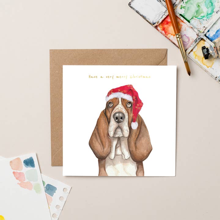 Christmas Card - Basset Hound in Hat - Gold Foil for wholesale by lil wabbit
