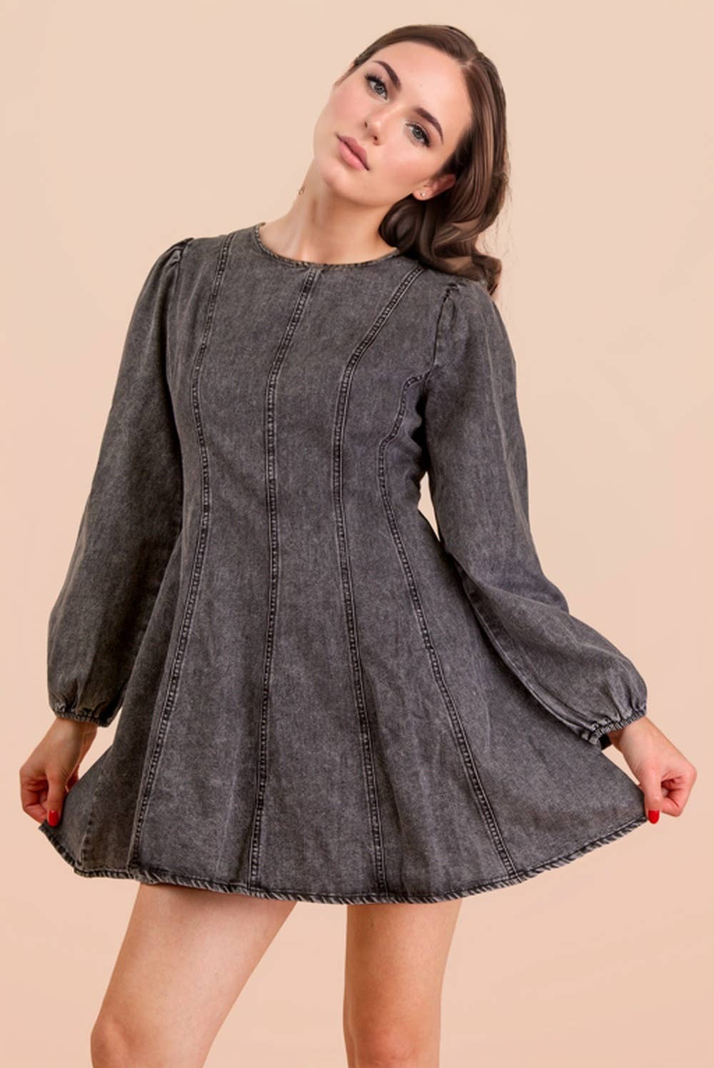 VERY J - Wholesale Dress - Women's - ND31817-Mineral Washed Denim Seam Detail Mini Dress1