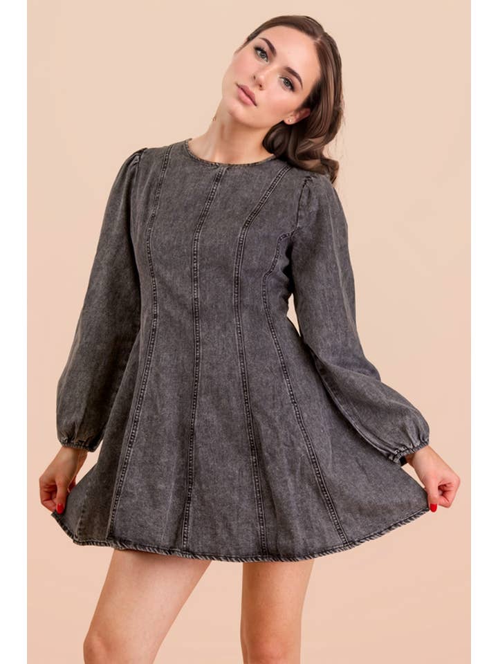 VERY J - Wholesale Dress - Women's - ND31817-Mineral Washed Denim Seam Detail Mini Dress1