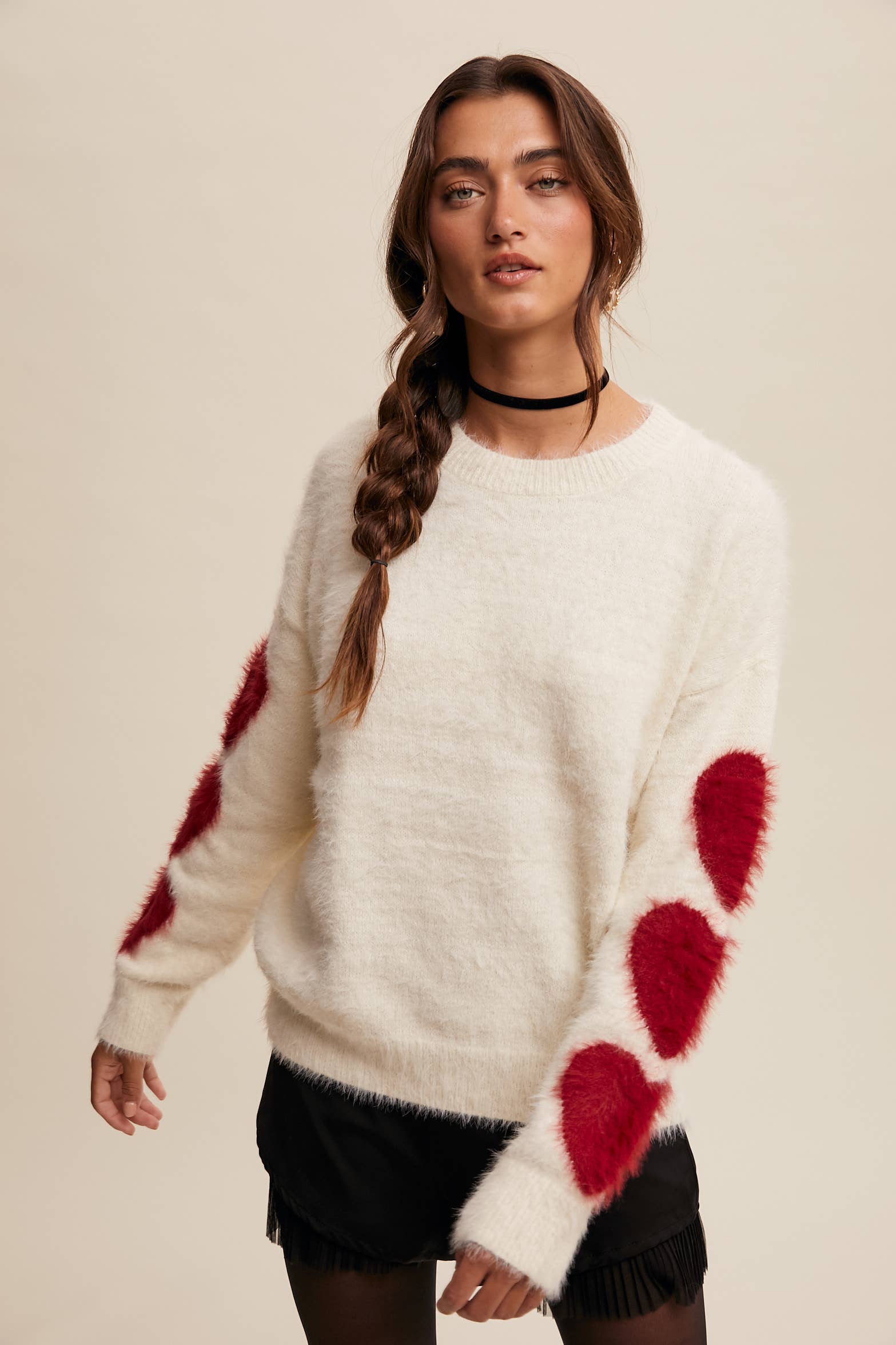 Listicle - Wholesale Knit Sweater - Women's - Fuzzy Heart-Sleeve Pullover Sweater LSW087225