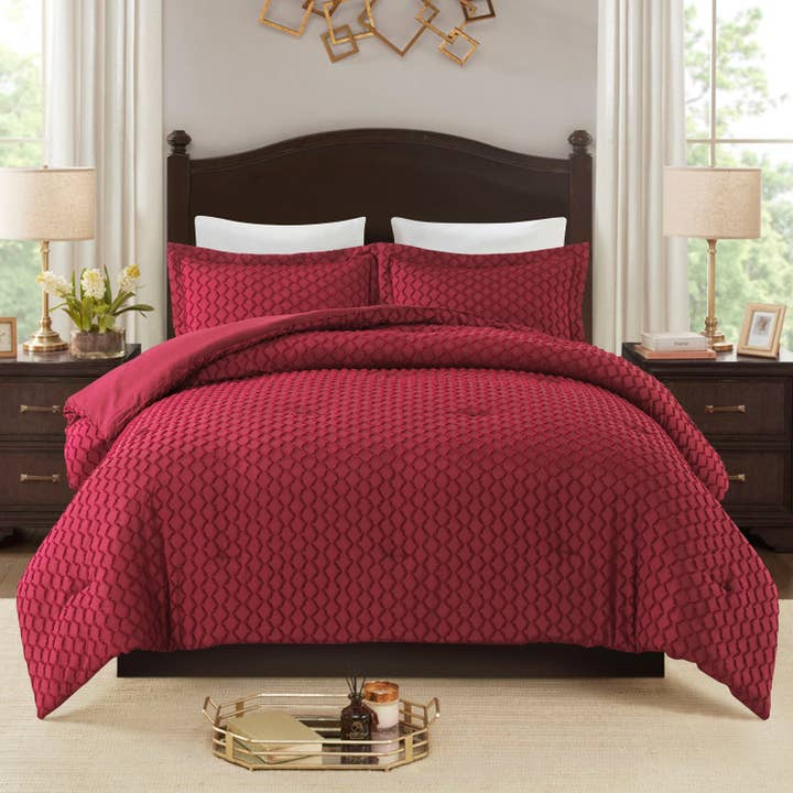 3 Pcs Jacquard Chic Comforter Set with Pillowcases, Burgundy for wholesale by JML