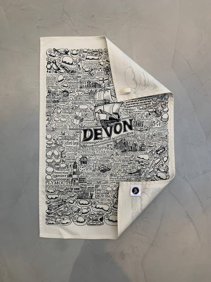 Devon heavy cotton tea towel with hand-drawn map for wholesale by James Illustrates