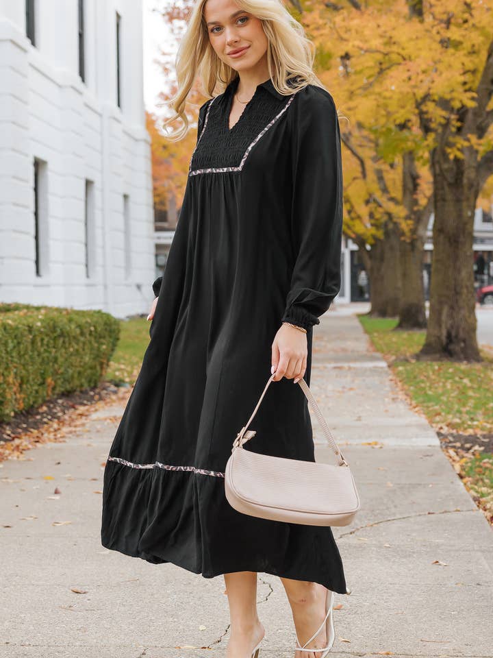 Contrast Leopard Trim Long Sleeve Maxi Dress | S-XL for wholesale by Aapparella