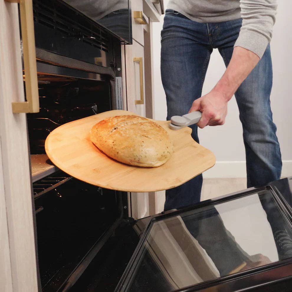 EcoQuality - Vente Roulettes à pizza - BPP1214/BPP1416, 12x14 & 14x16 Pelle à pizza en bambou Old Stone avec manche pliant0